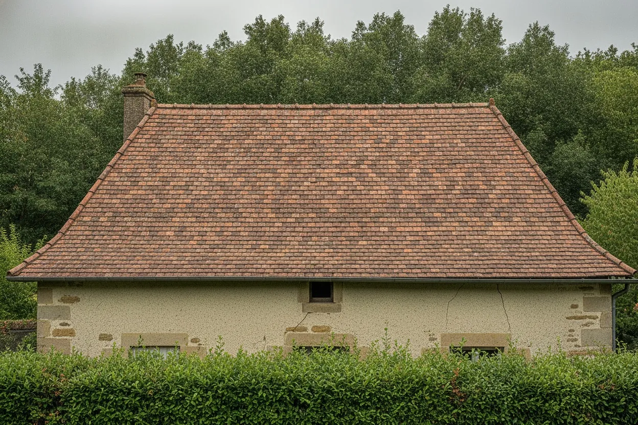 Après : le même toit refait en tuiles plates de pays, anciennes et neuves mêlées
