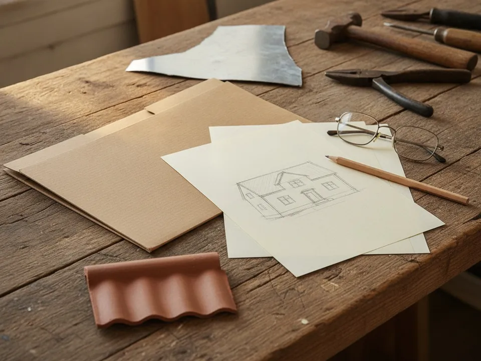Échantillon de tuile et dossier de déclaration préalable posés sur une table d’atelier