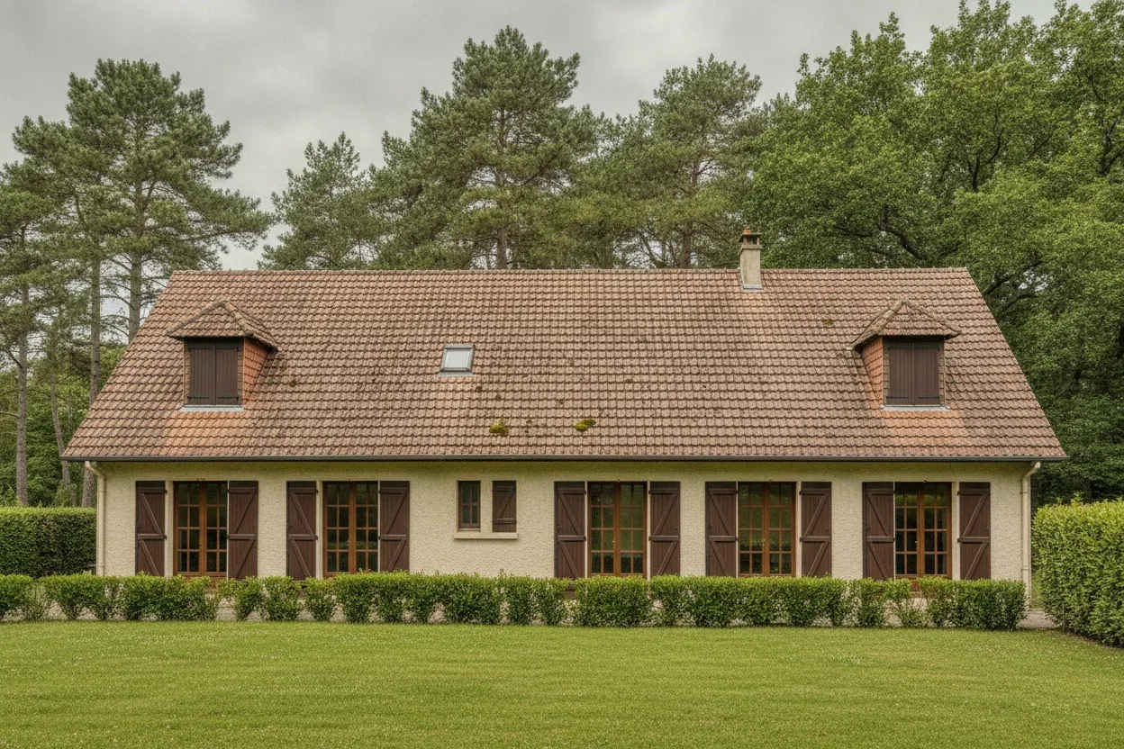 Avant : pavillon de Bois-le-Roi, toit de tuiles mécaniques rouges délavées