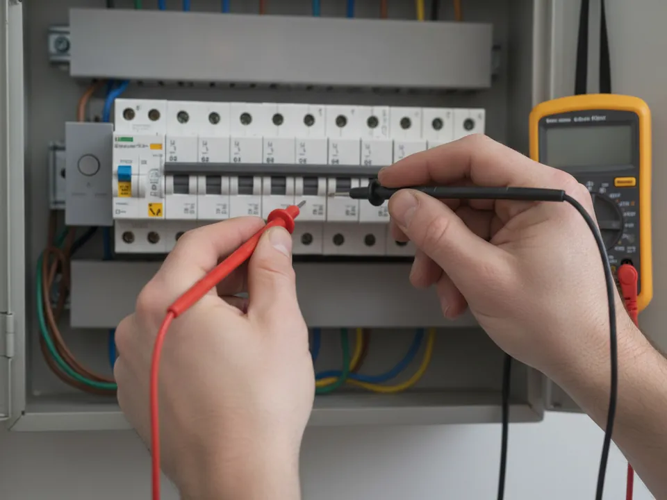 Mains qui testent un disjoncteur avec un multimètre, tableau ouvert