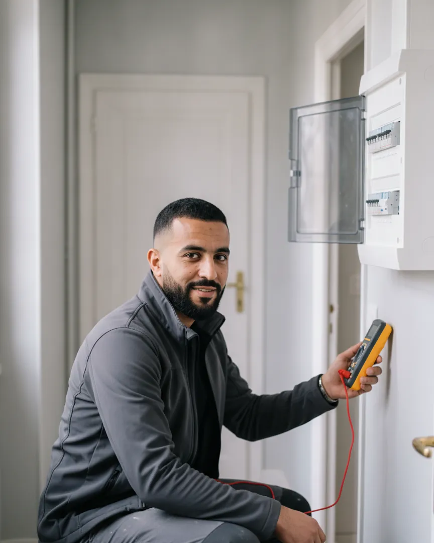 Karim au travail devant un tableau ouvert, testeur à la main, qui regarde l’objectif