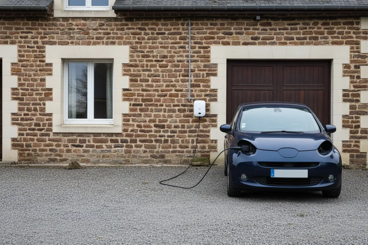 Après : la borne posée sur la façade, la voiture en charge