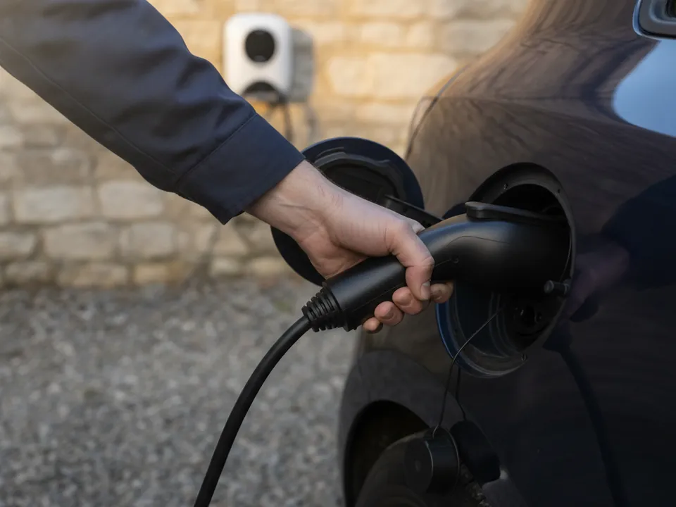 Main qui branche le câble de la borne sur une voiture électrique
