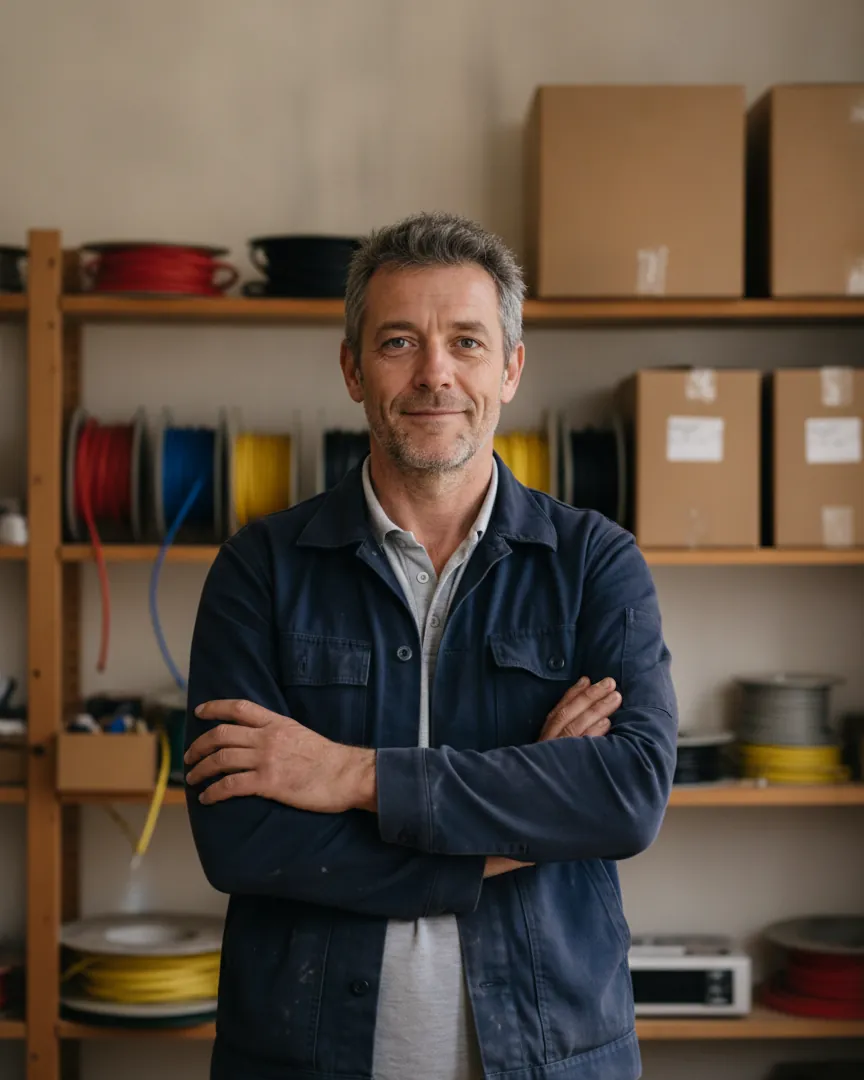 Antoine dans son atelier, bras croisés, bobines de câble derrière lui