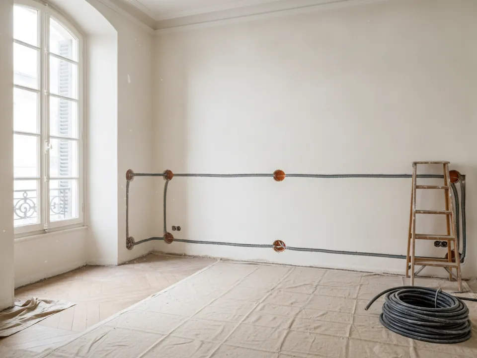 Pièce en rénovation : boîtiers encastrés neufs et gaines dans un mur de plâtre