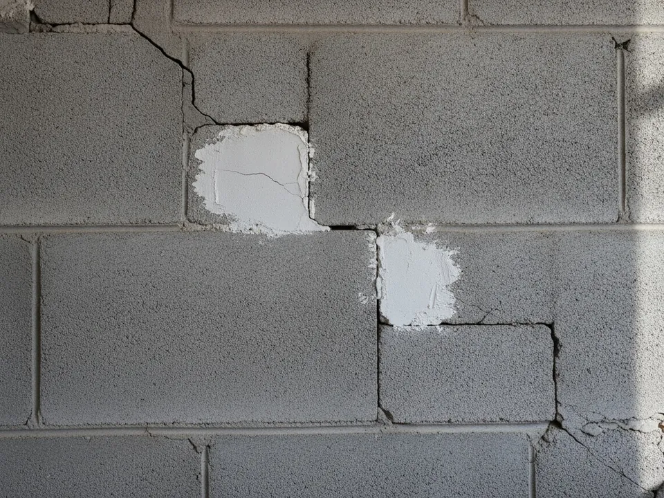 Fissure en escalier sur un mur de parpaing, témoin de plâtre posé