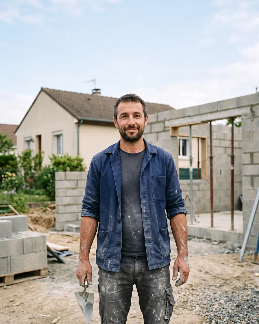Yanis, chef de chantier, devant une extension en parpaing en cours, à Chelles