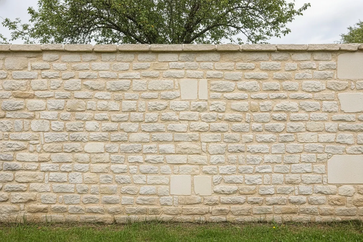 Après : le même mur aux joints de chaux clairs, pierres nettoyées