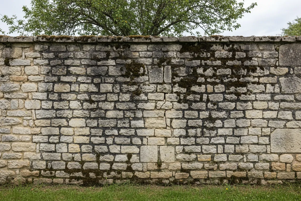 Avant : mur de pierre aux joints gris de ciment fissurés, pierres tachées d’humidité
