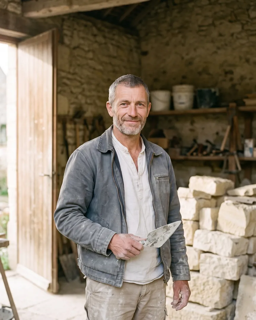 Antoine dans son atelier, truelle en main, devant un tas de pierres calcaires
