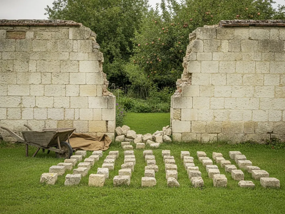 Pan de mur en pierre effondré, pierres triées au pied avant remontage