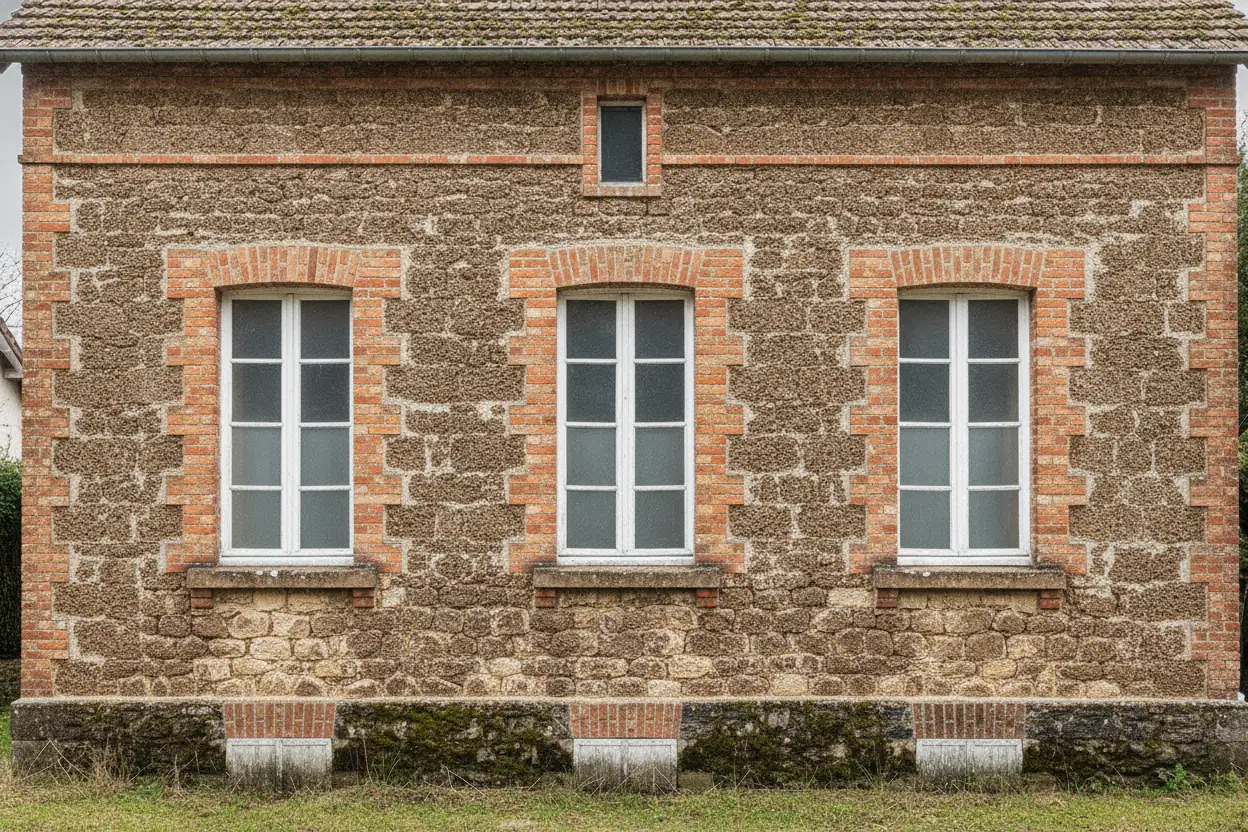 Après : la même maison, pierre nettoyée, joints clairs, briques remises en valeur