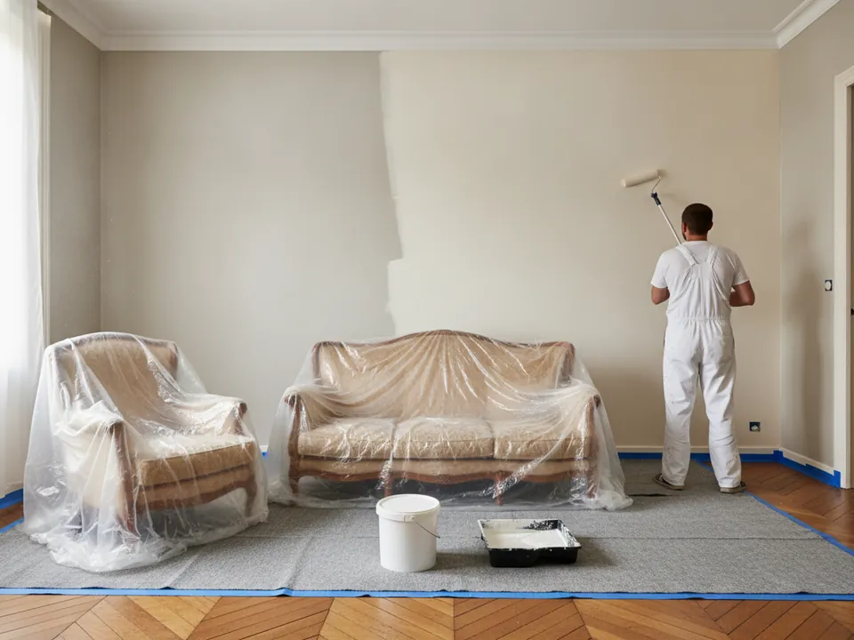 Mur de séjour repeint au rouleau, meubles regroupés sous bâche