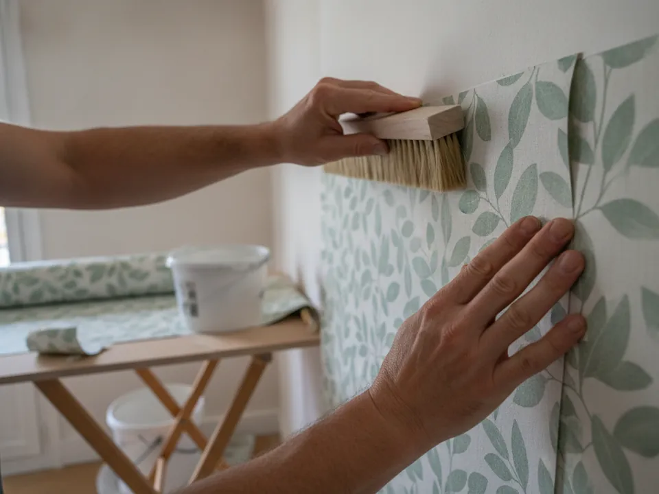 Pose d’un papier peint à motifs, lé aligné à la main