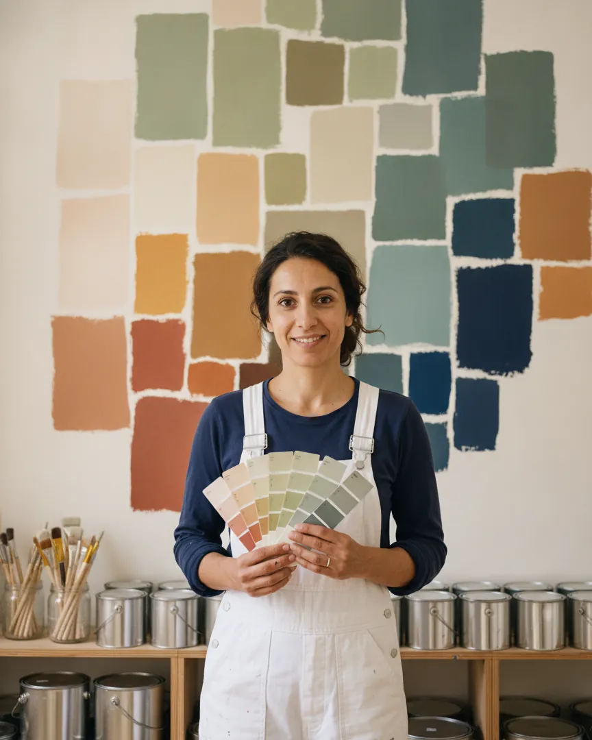 Nadia dans l’atelier, devant des échantillons de couleur au mur