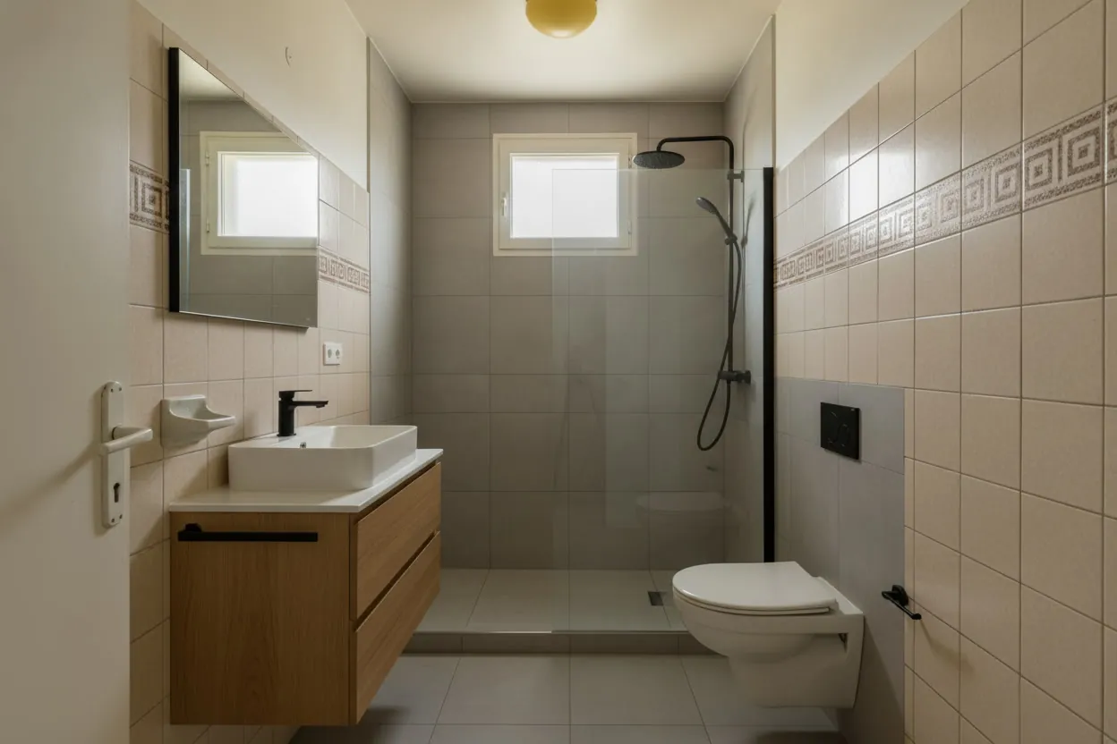 La même salle de bain après : douche à l’italienne, meuble vasque, WC suspendu