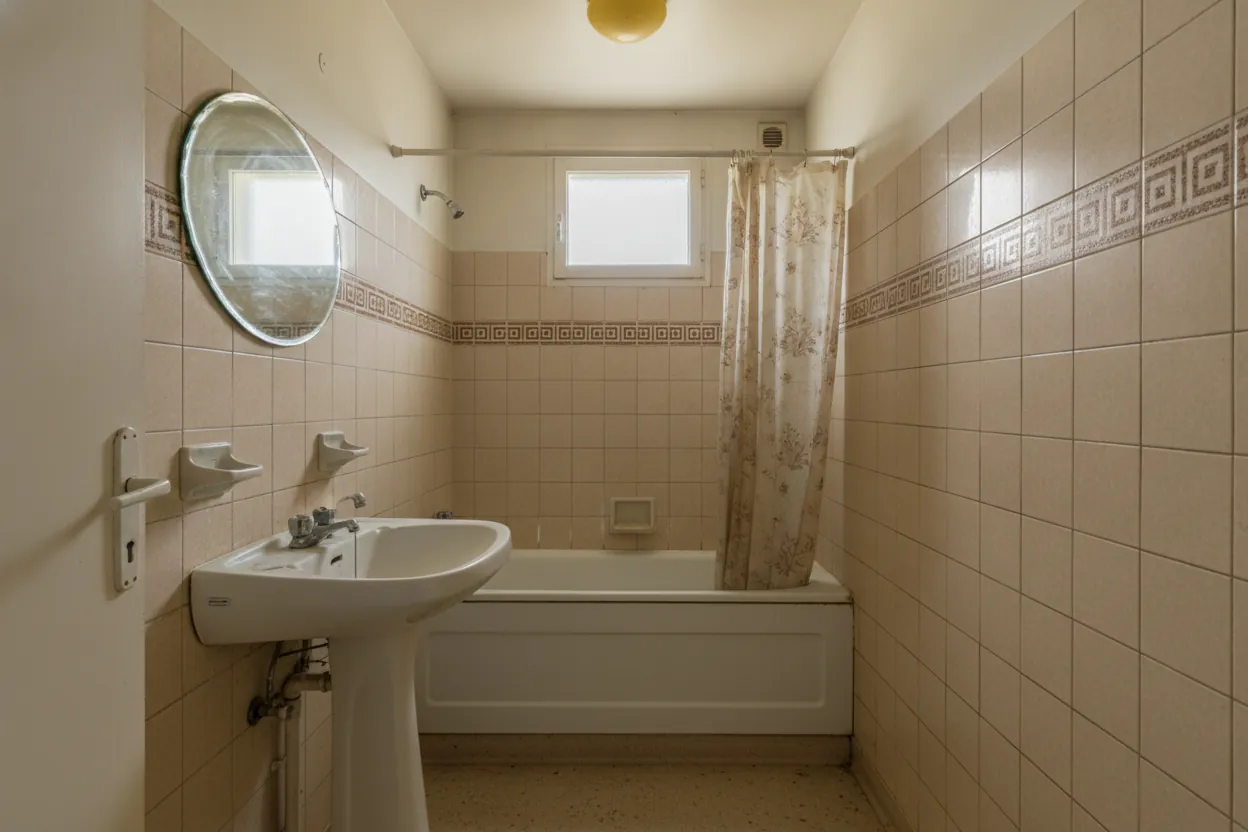 La salle de bain avant : baignoire ancienne, carrelage beige des années 80