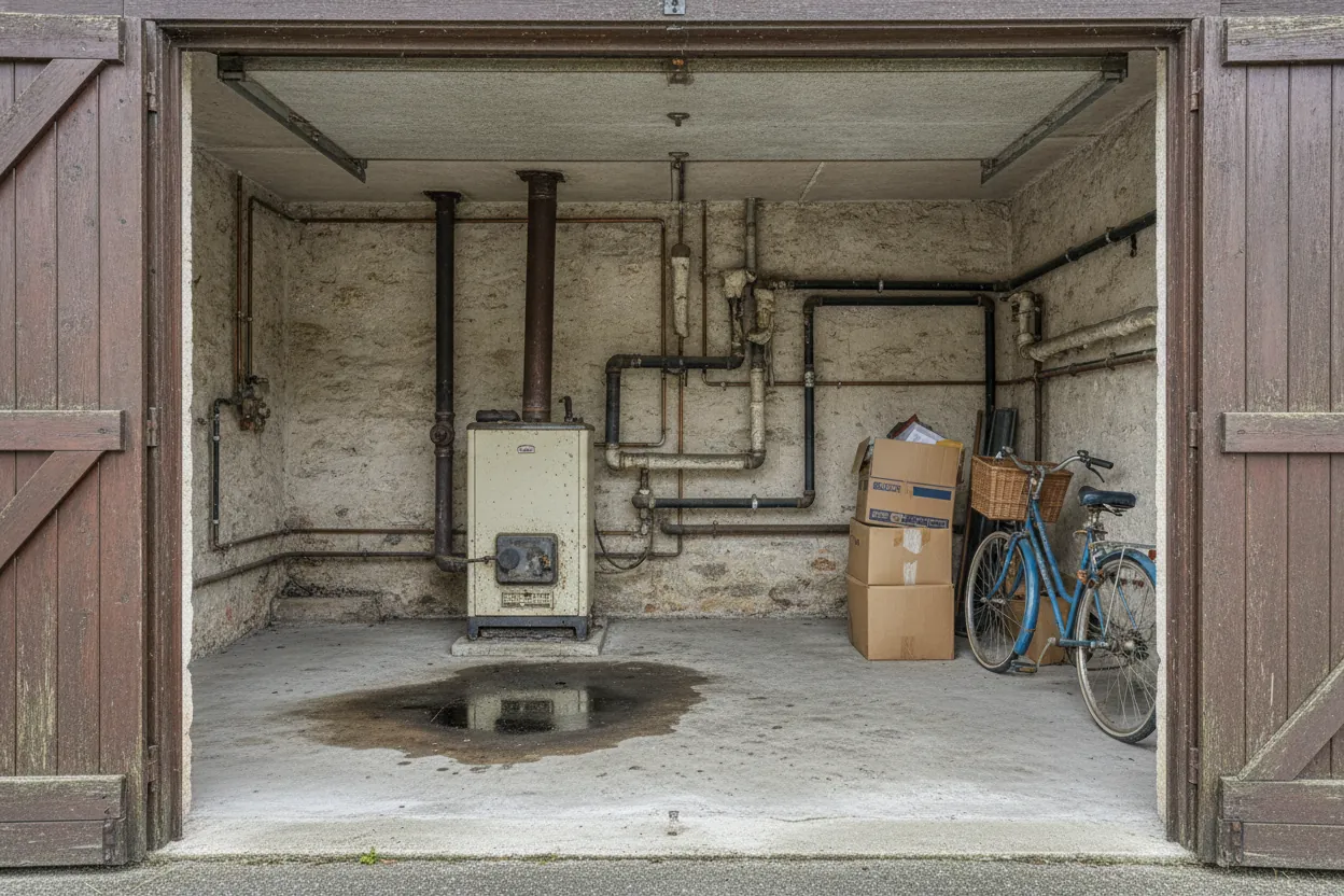 Le garage avant : vieille chaudière fioul au sol, tuyaux apparents