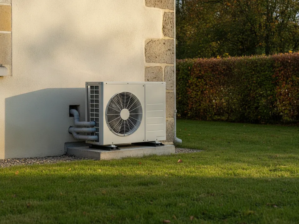 Pompe à chaleur installée contre le mur d’une maison de Seine-et-Marne