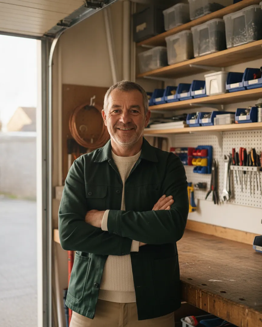 Éric Morvan, la cinquantaine, bras croisés devant son atelier